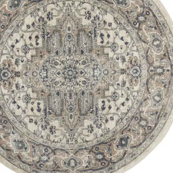 4' Ivory And Grey Round Oriental Power Loom Non Skid Area Rug Photo 7