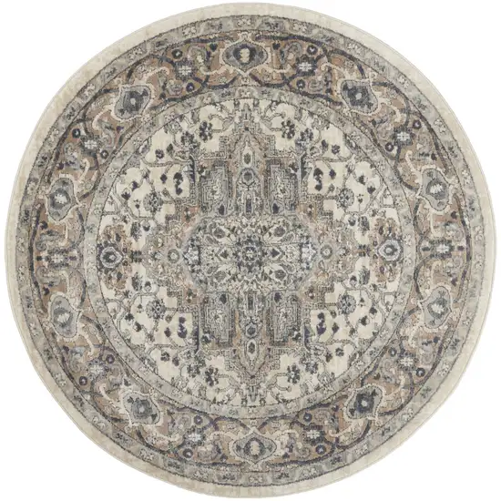 4' Ivory And Grey Round Oriental Power Loom Non Skid Area Rug Photo 1