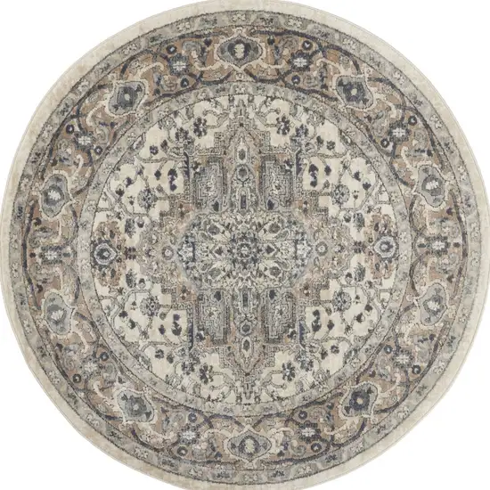 4' Ivory And Grey Round Oriental Power Loom Non Skid Area Rug Photo 8