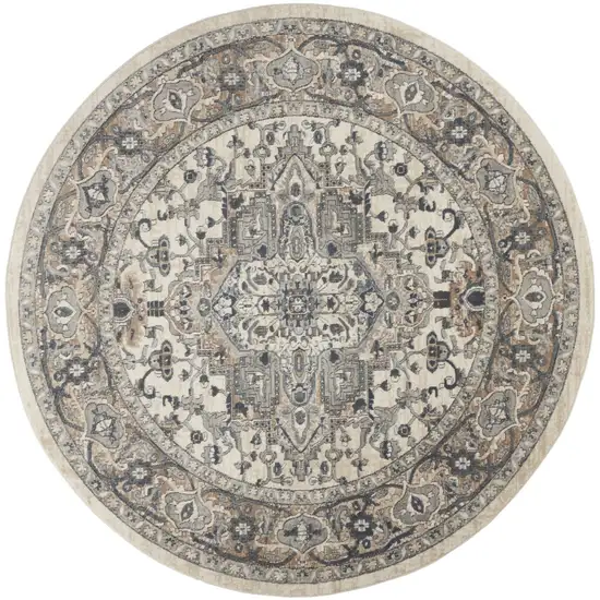 8' Ivory And Grey Round Oriental Power Loom Non Skid Area Rug Photo 8