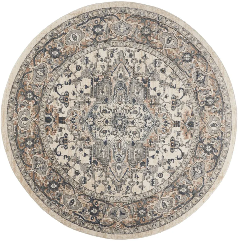 8' Ivory And Grey Round Oriental Power Loom Non Skid Area Rug Photo 1