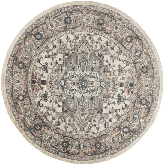 8' Ivory And Grey Round Oriental Power Loom Non Skid Area Rug Photo 1