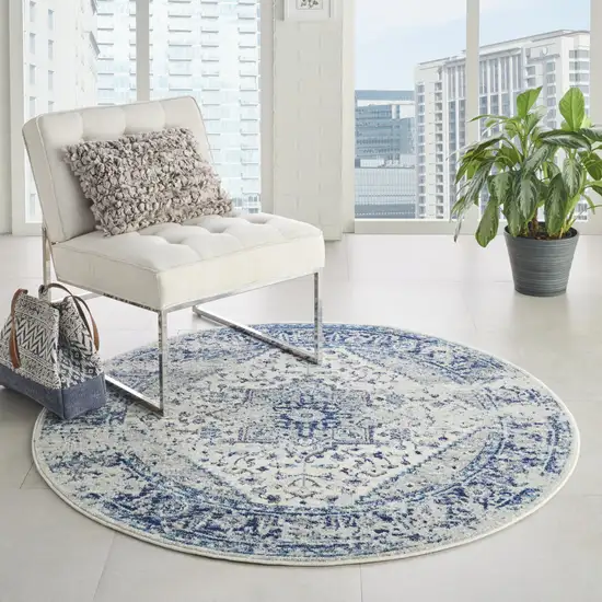 5' Ivory And Light Blue Floral Medallion Distressed Round Rug Photo 7