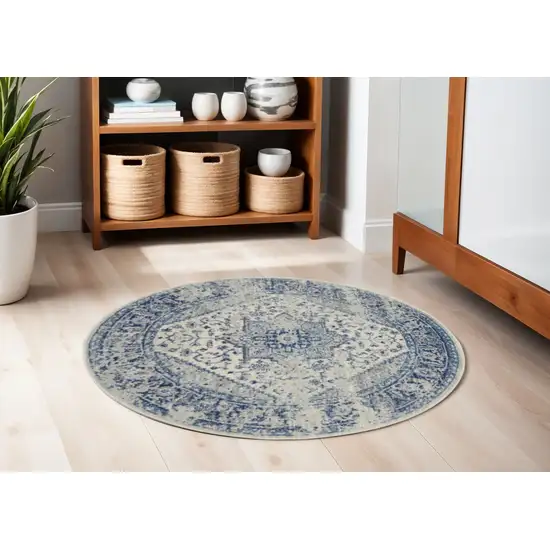 5' Ivory And Light Blue Floral Medallion Distressed Round Rug Photo 1