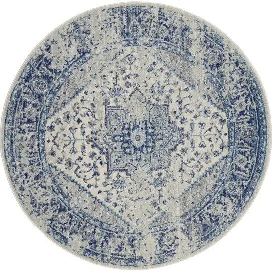 5' Ivory And Light Blue Floral Medallion Distressed Round Rug Photo 2