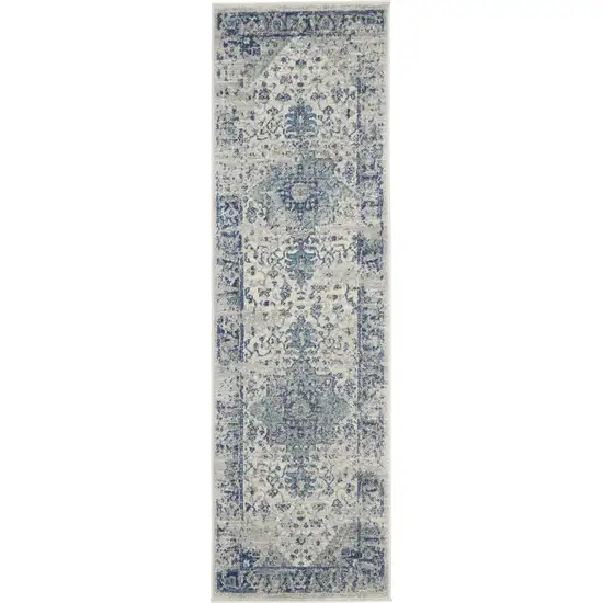 7' Ivory And Light Blue Floral Medallion Distressed Runner Rug Photo 2