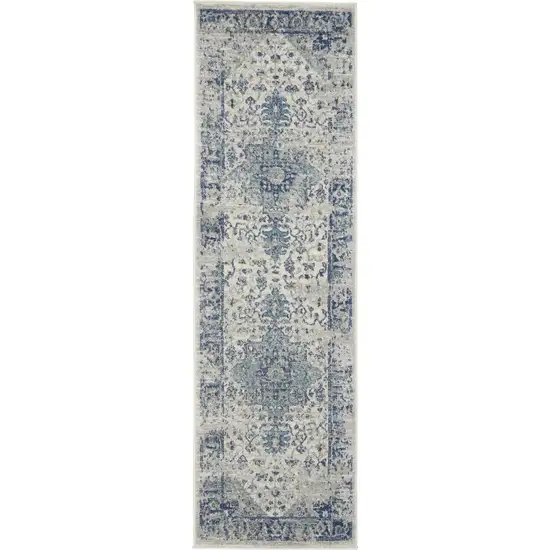 7' Ivory And Light Blue Floral Medallion Distressed Runner Rug Photo 8