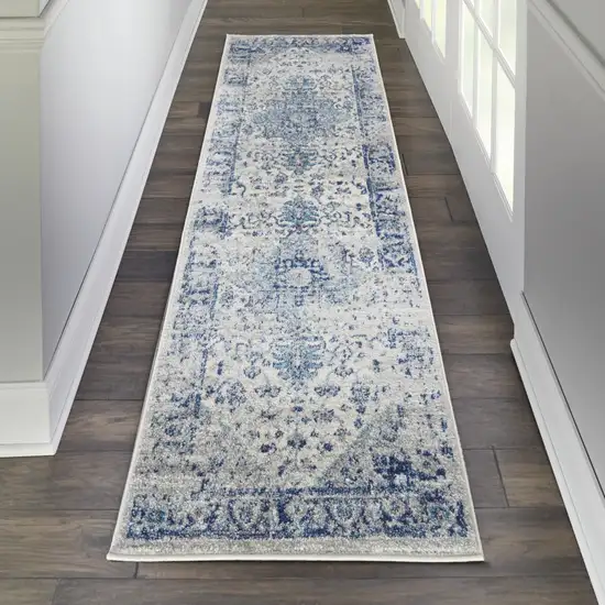 7' Ivory And Light Blue Floral Medallion Distressed Runner Rug Photo 9