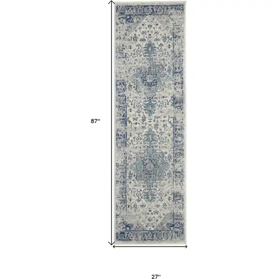 7' Ivory And Light Blue Floral Medallion Distressed Runner Rug Photo 3