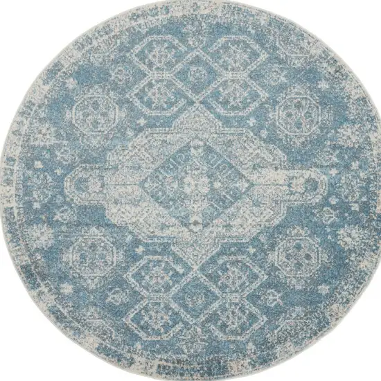 8' Ivory And Light Blue Geometric Distressed Round Rug Photo 6