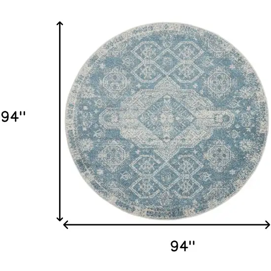 8' Ivory And Light Blue Geometric Distressed Round Rug Photo 3