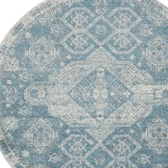 8' Ivory And Light Blue Geometric Distressed Round Rug Photo 5