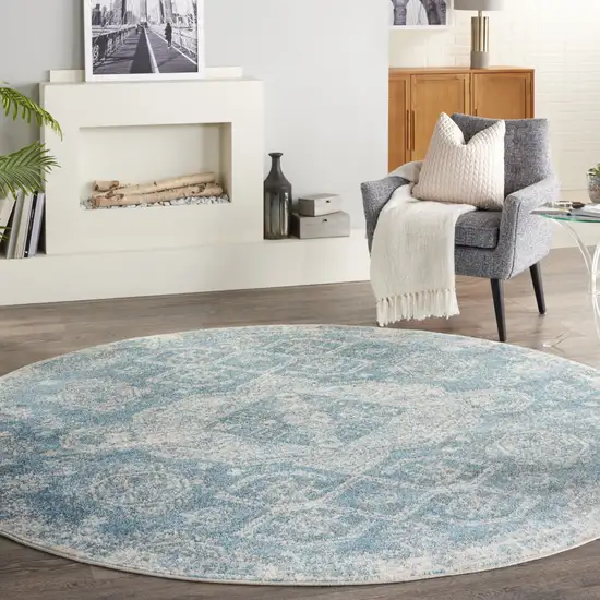 8' Ivory And Light Blue Geometric Distressed Round Rug Photo 7