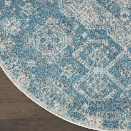 8' Ivory And Light Blue Geometric Distressed Round Rug Photo 4