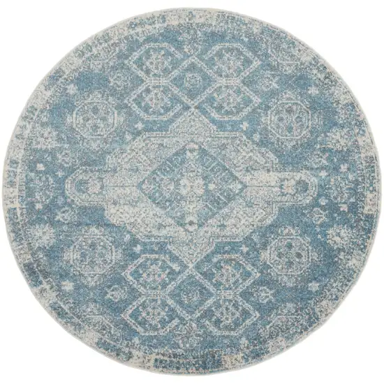 8' Ivory And Light Blue Geometric Distressed Round Rug Photo 2