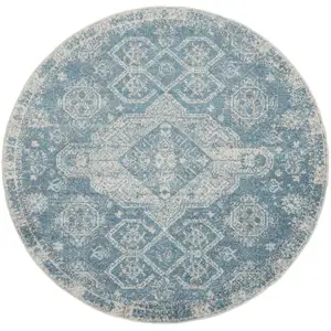 Photo of 8' Ivory And Light Blue Geometric Distressed Round Rug