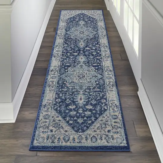 7' Ivory And Navy Blue Floral Medallion Distressed Runner Rug Photo 9