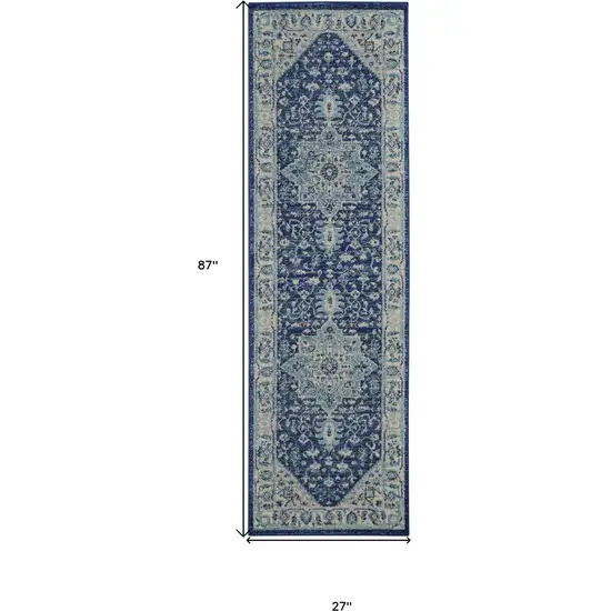 7' Ivory And Navy Blue Floral Medallion Distressed Runner Rug Photo 3