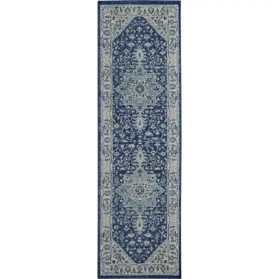 7' Ivory And Navy Blue Floral Medallion Distressed Runner Rug Photo 2