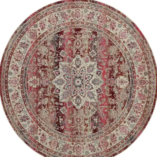 6' Ivory And Red Floral Distressed Round Rug Photo 9