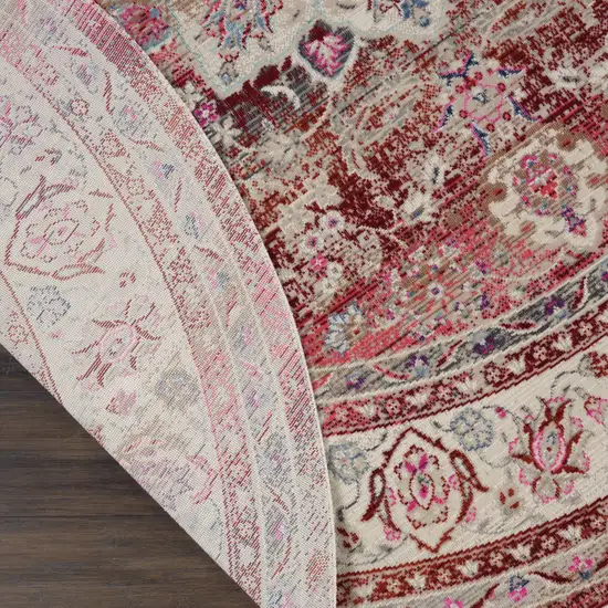 6' Ivory And Red Floral Distressed Round Rug Photo 6