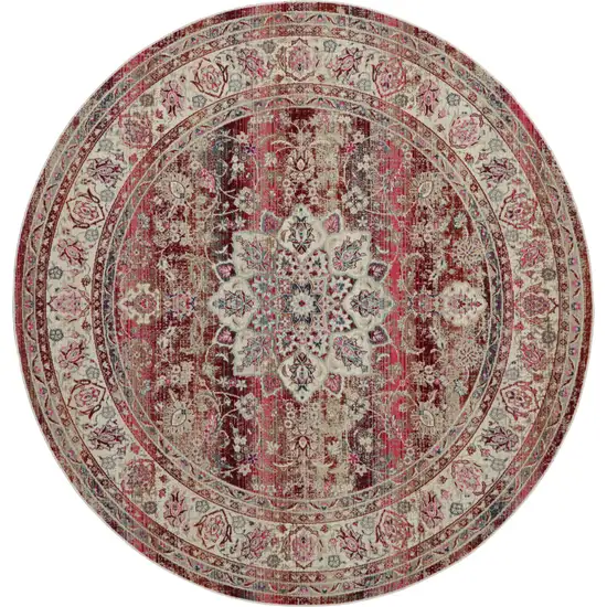 6' Ivory And Red Floral Distressed Round Rug Photo 2