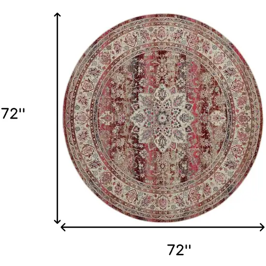 6' Ivory And Red Floral Distressed Round Rug Photo 3