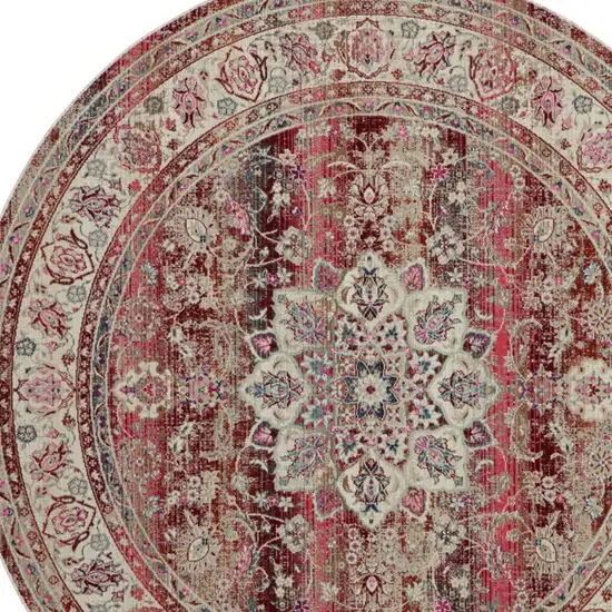 6' Ivory And Red Floral Distressed Round Rug Photo 8