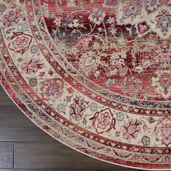 6' Ivory And Red Floral Distressed Round Rug Photo 4