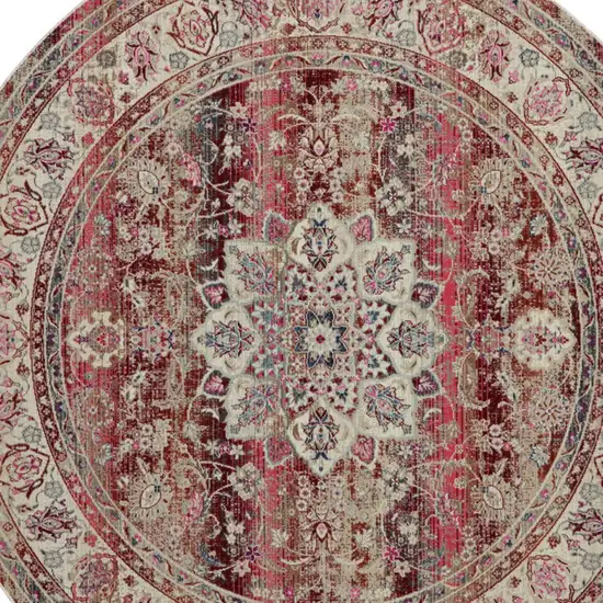 4' Ivory And Red Floral Distressed Round Rug Photo 7