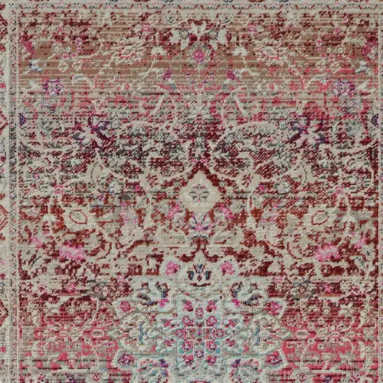 8' Ivory And Red Floral Distressed Runner Rug Photo 8