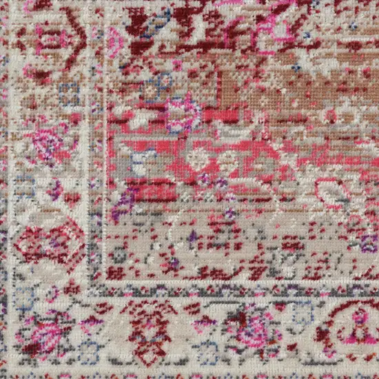 8' Ivory And Red Floral Distressed Runner Rug Photo 5