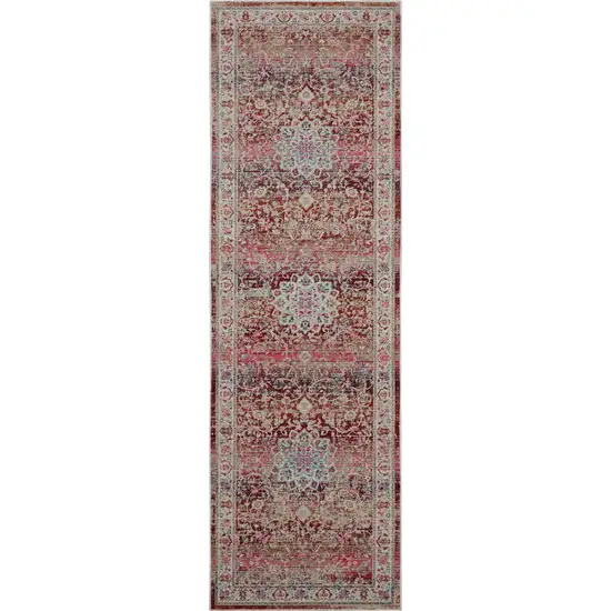 8' Ivory And Red Floral Distressed Runner Rug Photo 2