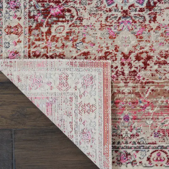 8' Ivory And Red Floral Distressed Runner Rug Photo 6