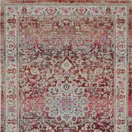 8' Ivory And Red Floral Distressed Runner Rug Photo 9