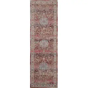 Photo of 6' Ivory And Red Floral Distressed Runner Rug