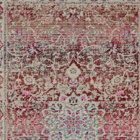 6' Ivory And Red Floral Distressed Runner Rug Photo 8