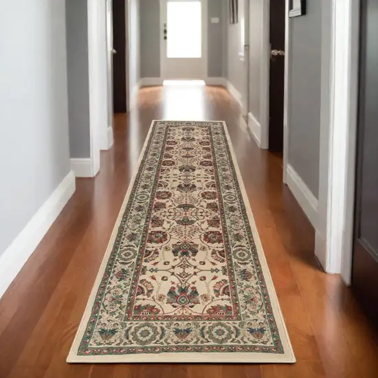 9' Ivory And Red Floral Runner Rug Photo 1