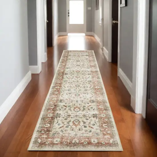 8' Ivory And Rust Oriental Distressed Runner Rug Photo 1