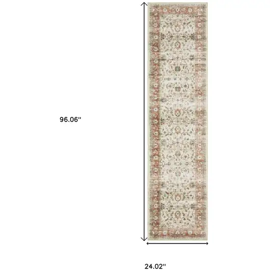 8' Ivory And Rust Oriental Distressed Runner Rug Photo 3