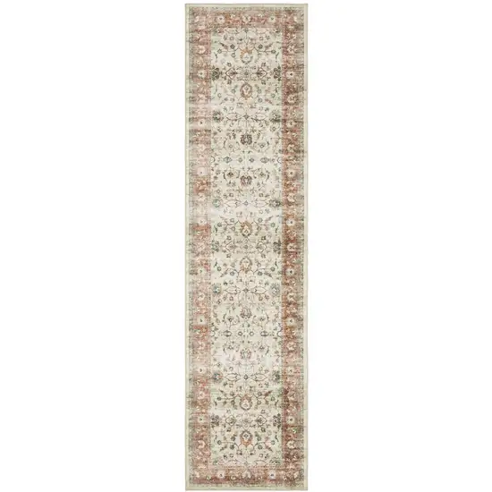 8' Ivory And Rust Oriental Distressed Runner Rug Photo 7