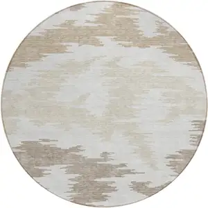 Photo of 8' Ivory Beige And Brown Round Abstract Washable Indoor Outdoor Area Rug