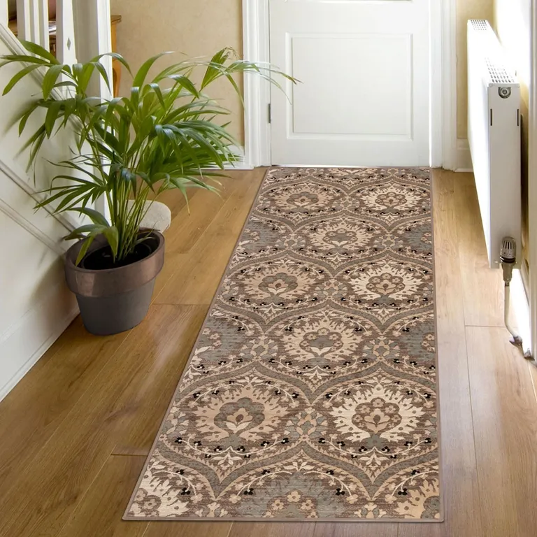 8' Ivory Beige And Light Blue Floral Stain Resistant Runner Rug Photo 2