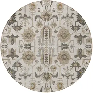 Photo of 8' Ivory Beige And Taupe Round Oriental Washable Indoor Outdoor Area Rug