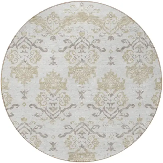 8' Ivory Beige And Taupe Round Oriental Washable Indoor Outdoor Area Rug Photo 5