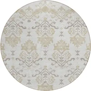 Photo of 8' Ivory Beige And Taupe Round Oriental Washable Indoor Outdoor Area Rug