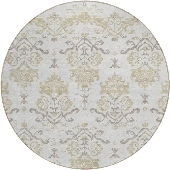 8' Ivory Beige And Taupe Round Oriental Washable Indoor Outdoor Area Rug Photo 1