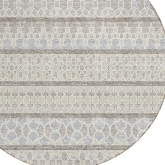 8' Ivory Beige And Taupe Round Quatrefoil Washable Indoor Outdoor Area Rug Photo 5