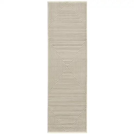 8' Ivory Beige Taupe And Tan Geometric Power Loom Runner Rug With Fringe Photo 1