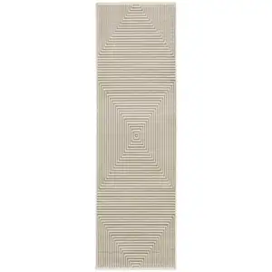 Photo of 8' Ivory Beige Taupe And Tan Geometric Power Loom Runner Rug With Fringe